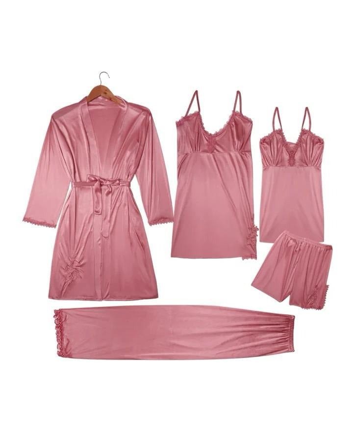 Pink 5-Piece Satin Nightwear Set with Lace Trim
