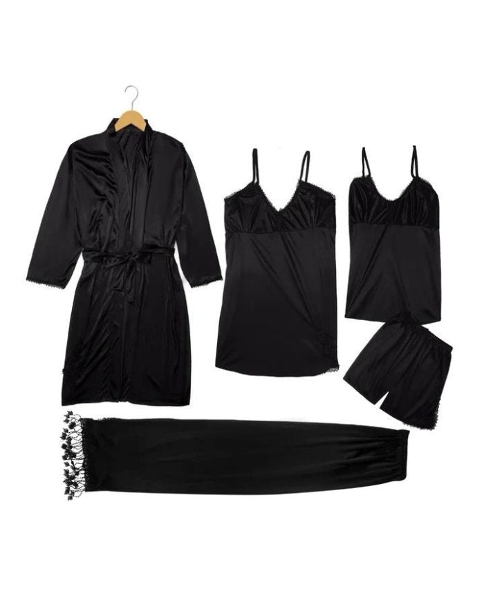 Pink 5-Piece Satin Nightwear Set with Lace Trim